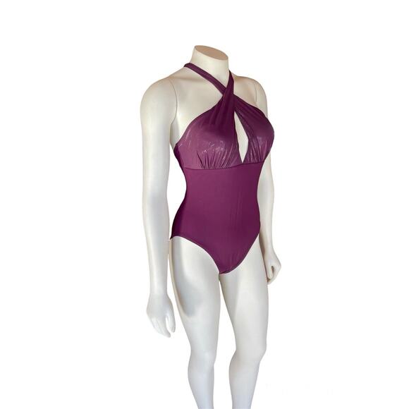 Silvian Imberg Purple One Piece Swim Criss Cross Neck Size 8 - Picture 6 of 11